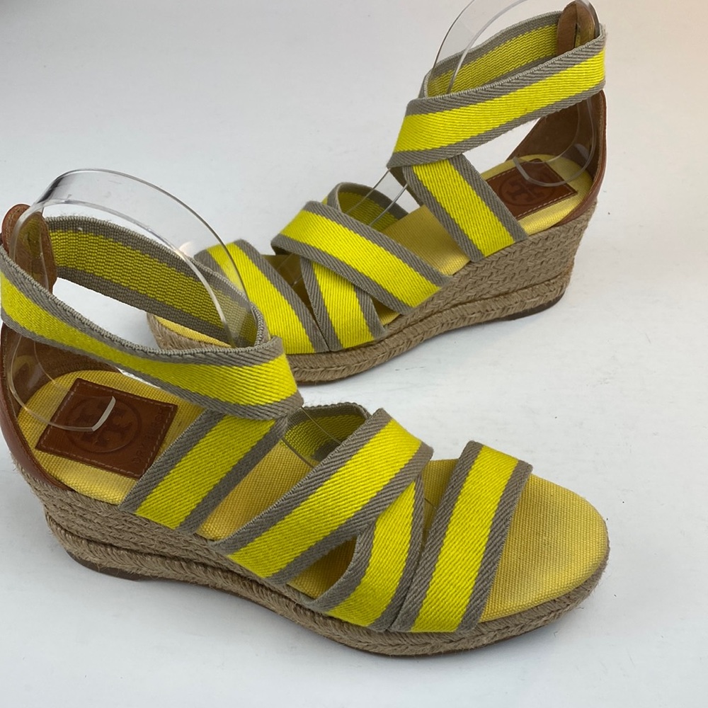 🔅Tory Burch Adonis Bright yellow and tan Wedge Sandals size 7